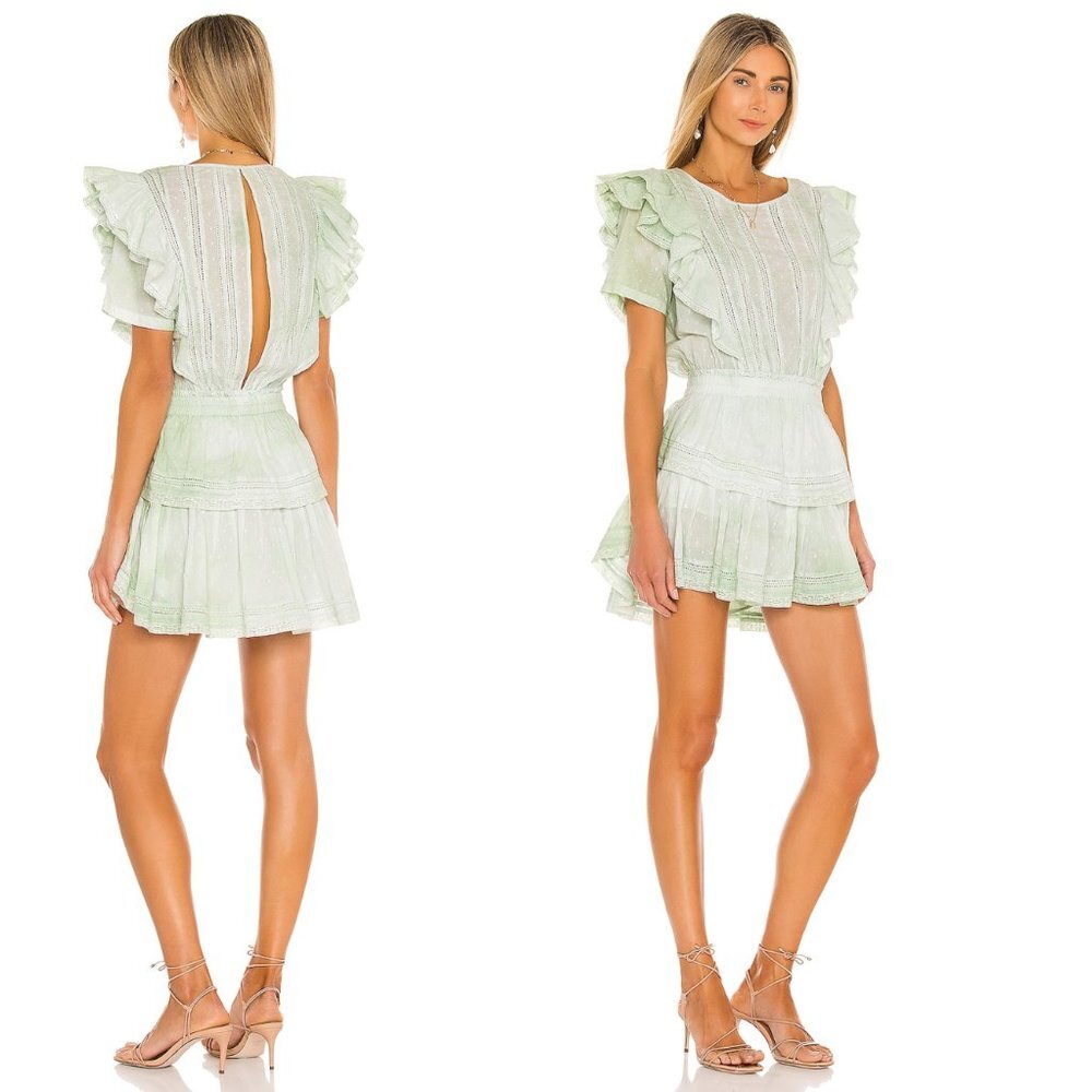 LoveShackFancy Natasha Green Lace Embroidered Tiered Ruffle Mini Dress Size L - Picture 2 of 12